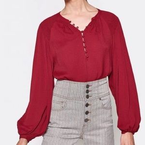 Joie Addalla Crepe Poet Button Ballon Sleeve Blouse Red L NWT